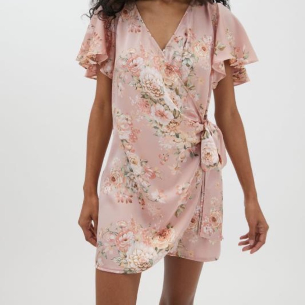 Dress Forum Pink Floral Wrap Dress | Kimono Style Silky Mini Dress